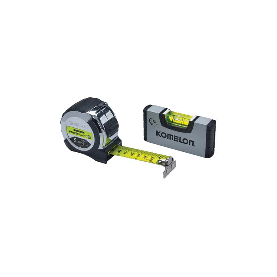 Komelon KOM516TLVPK PowerBlade II Pocket Tape 5m/16ft (Width 27mm) with Mini Level | Duco Car Parts UK