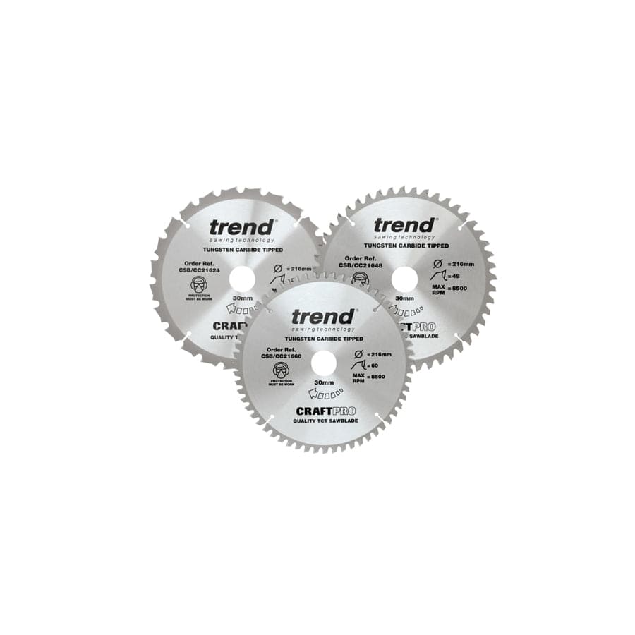 Trend TRECSB216P3 CraftPro Mitre Saw Blade 216 x 30mm x 24T/48T/60T (Pack 3) | Duco Car Parts UK