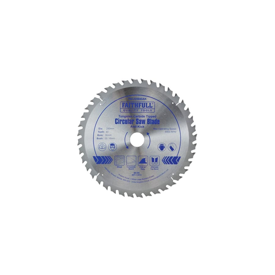 Faithfull FAIZ25040AK Circular Saw Blade Anti Kick 250 x 30mm x 40T | Duco Car Parts UK