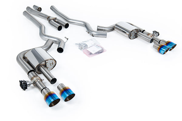 Milltek SSXFD438 Ford Dual Quad Outlet With Active Valves Non-Resonated With GT-100 Burnt/Blue Titanium Trims (Inc. Mustang)