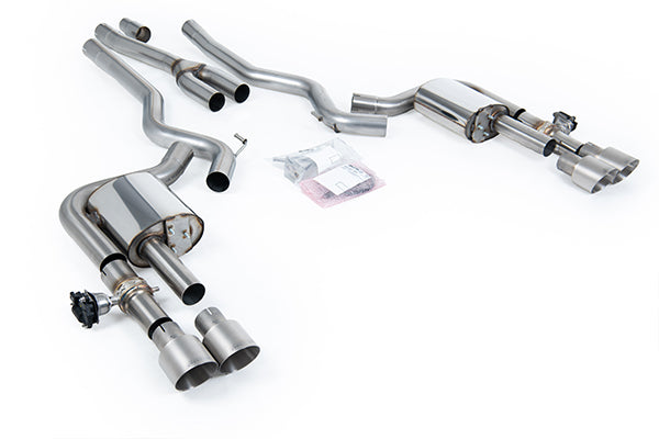 Milltek SSXFD439 Ford Dual Quad Outlet With Active Valves Non-Resonated With GT-100 Brushed Titanium Trims (Inc. Mustang)