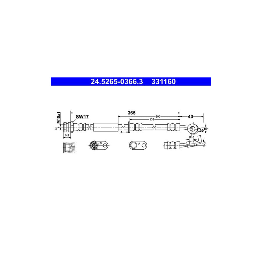 ATE 24 5265 0366 3 Brake Hose for MAZDA 2 Hatchback DE DH 365Mm M10X1