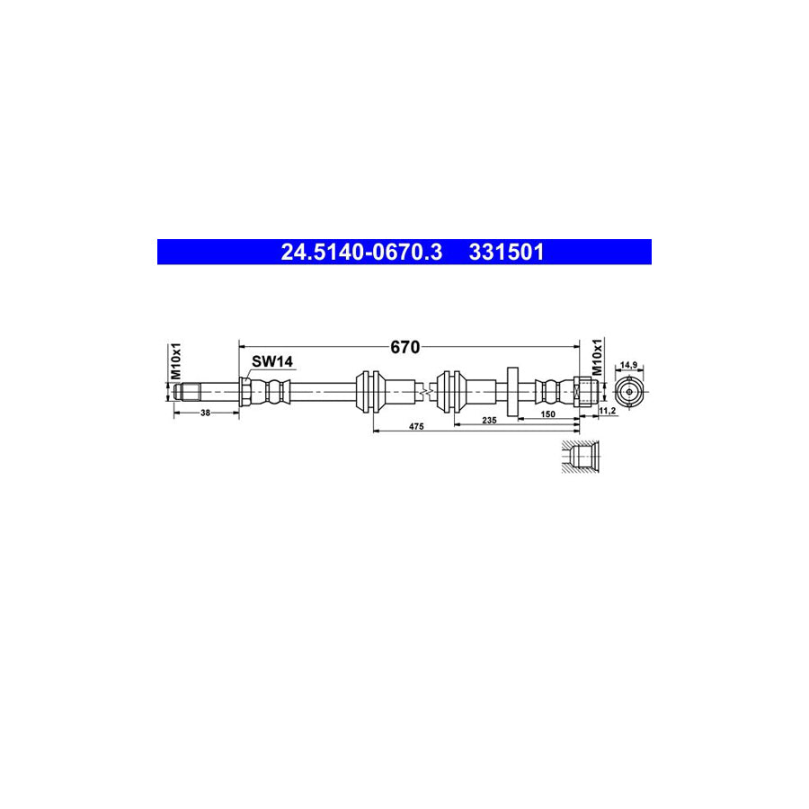 ATE 24 5140 0670 3 Brake Hose 670Mm M10X1