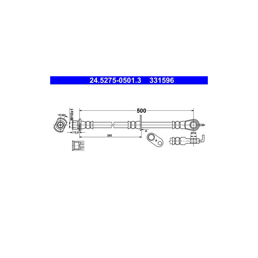ATE 24 5275 0501 3 Brake Hose for TOYOTA Aygo AB40 500Mm M10X1
