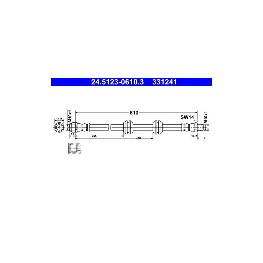 ATE 24 5123 0610 3 Brake Hose 610Mm M10X1