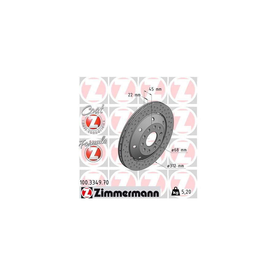 ZIMmERMANN FORMULA Z COAT Z 100 3349 70 Brake Disc for AUDI A4 B5 Avant 8D5 Perforated Two piece brake disc Vented Coated Alloyed High carbon