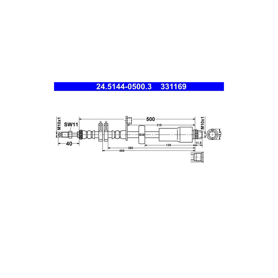 ATE 24 5144 0500 3 Brake Hose 500Mm M10X1