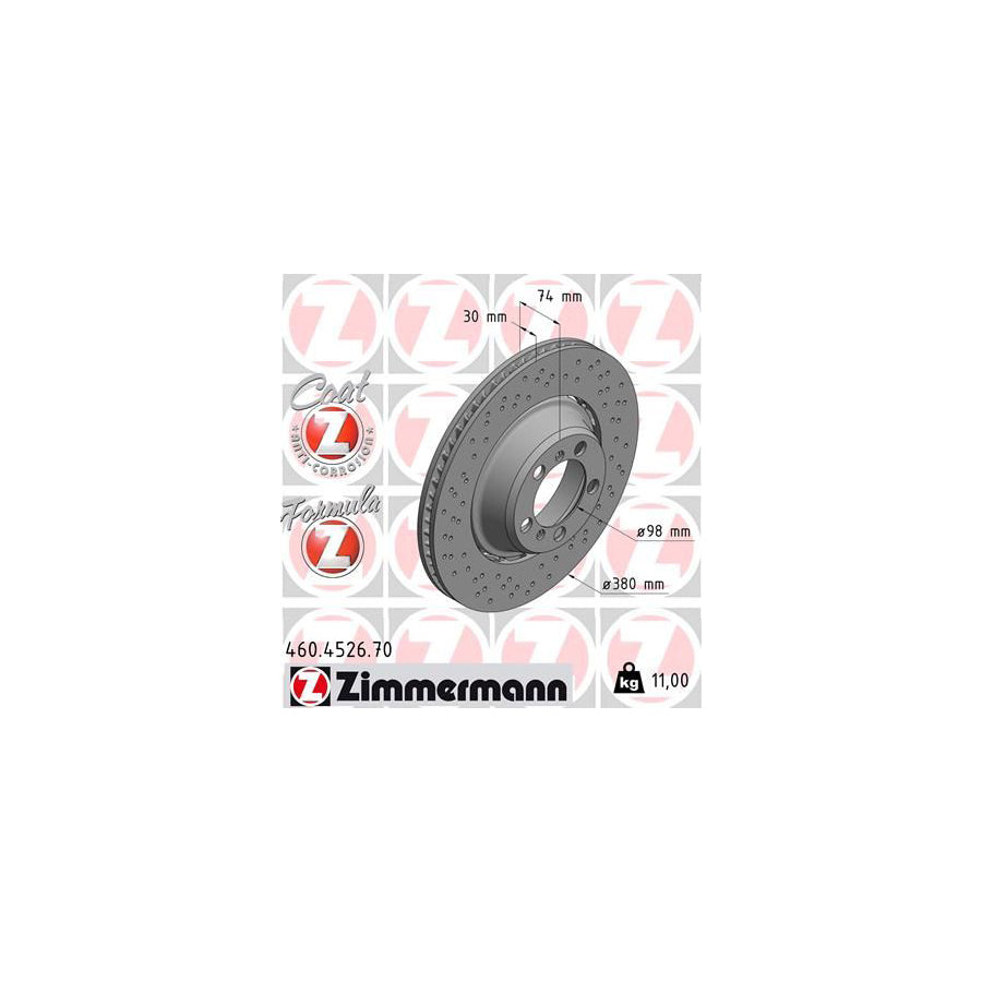 ZIMmERMANN 460 4526 70 Brake Disc for PORSCHE 911 Coupe 991 Perforated Two piece brake disc Vented Coated Alloyed High carbon