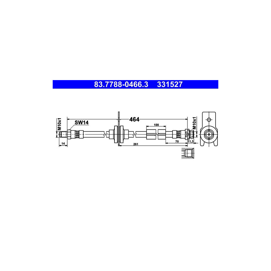 ATE 83 7788 0466 3 Brake Hose for FORD Kuga Mk2 DM2 464Mm M10X1