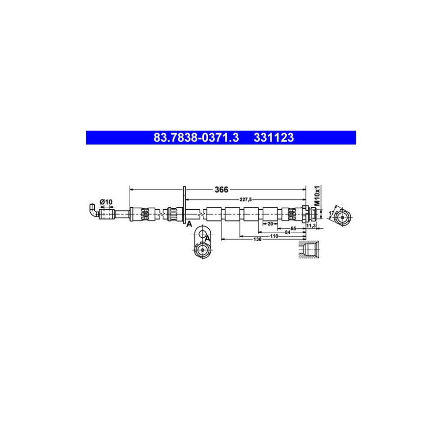 ATE 83 7838 0371 3 Brake Hose for FORD FIESTA 366Mm M10X1
