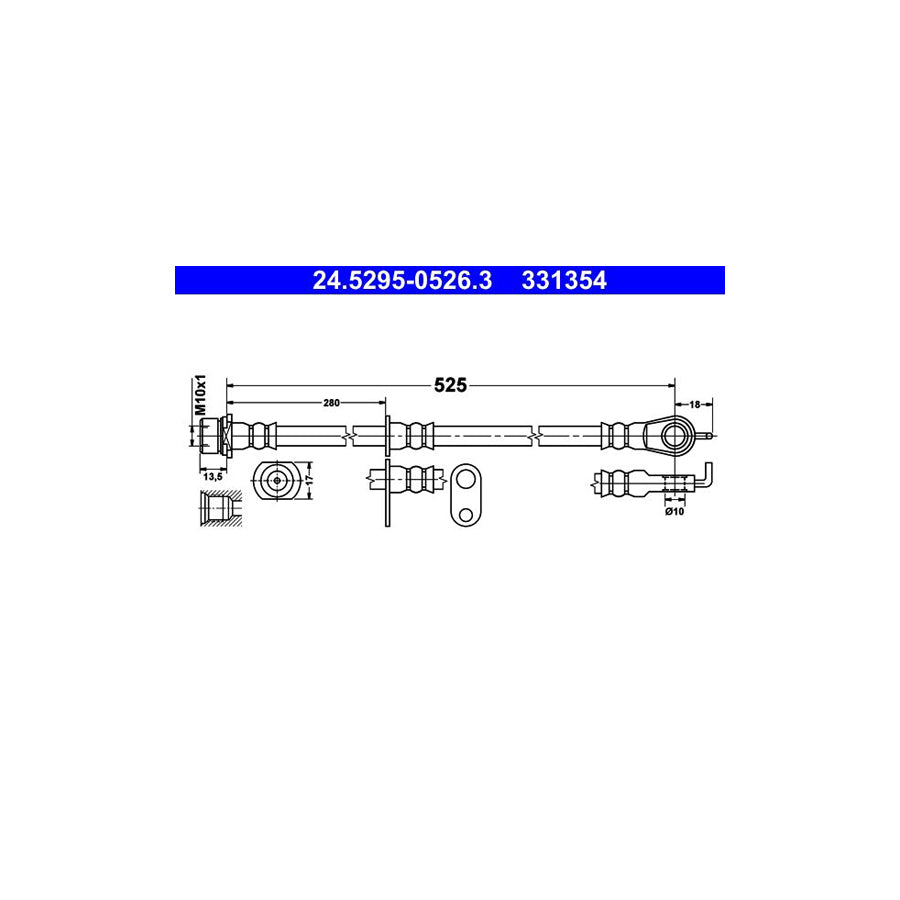 ATE 24 5295 0526 3 Brake Hose for TOYOTA Yaris I Hatchback P1 525Mm M10X1
