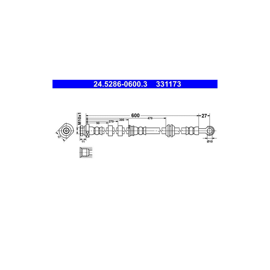 ATE 24 5286 0600 3 Brake Hose 600Mm M10X1