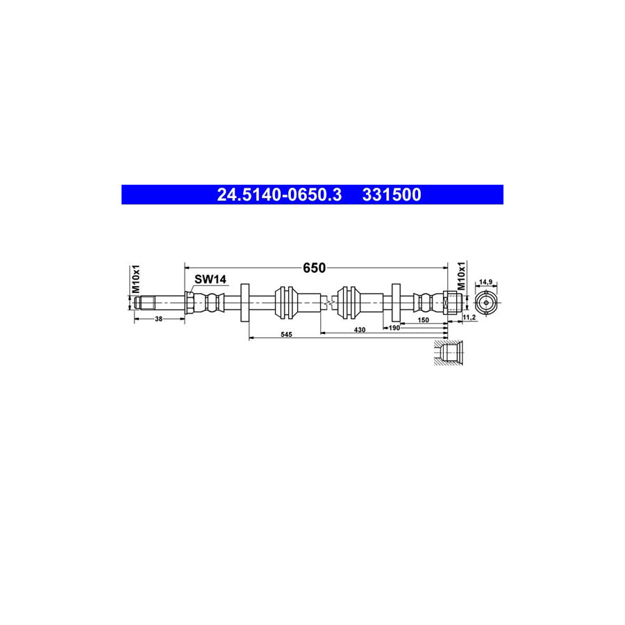 ATE 24 5140 0650 3 Brake Hose 650Mm M10X1