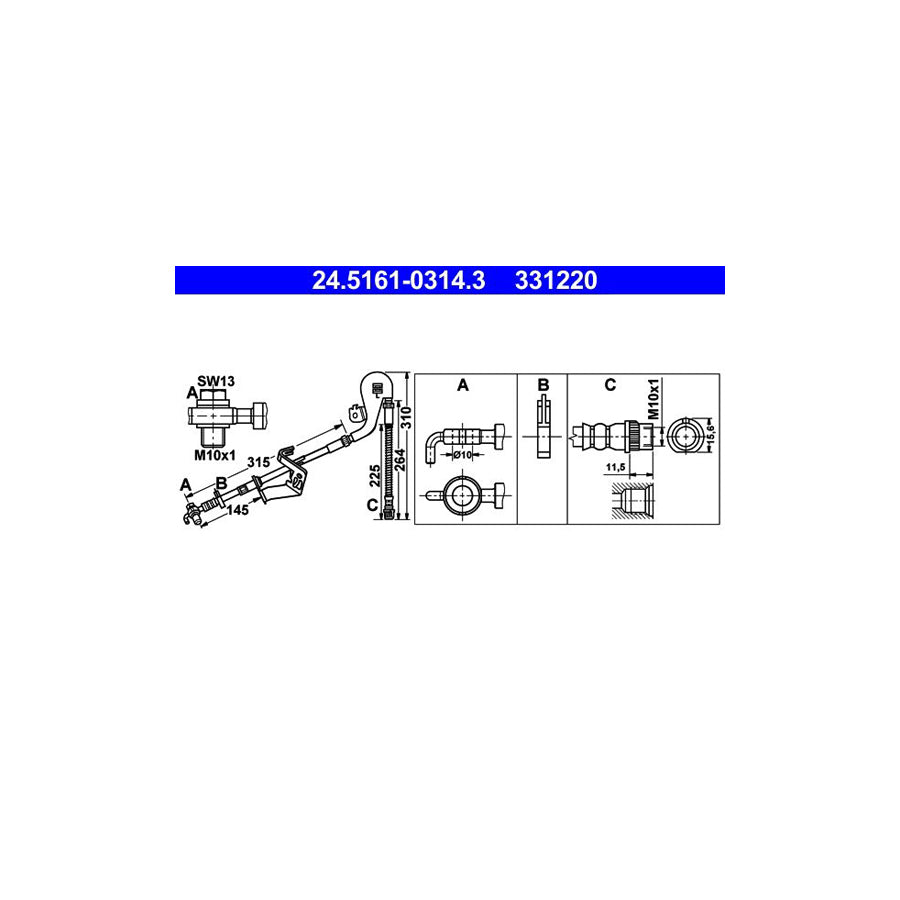 ATE 24 5161 0314 3 Brake Hose 310Mm