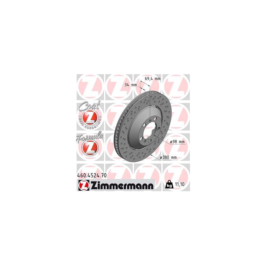 ZIMmERMANN 460 4524 70 Brake Disc for PORSCHE 911 Coupe 991 Perforated Two piece brake disc Vented Coated Alloyed High carbon