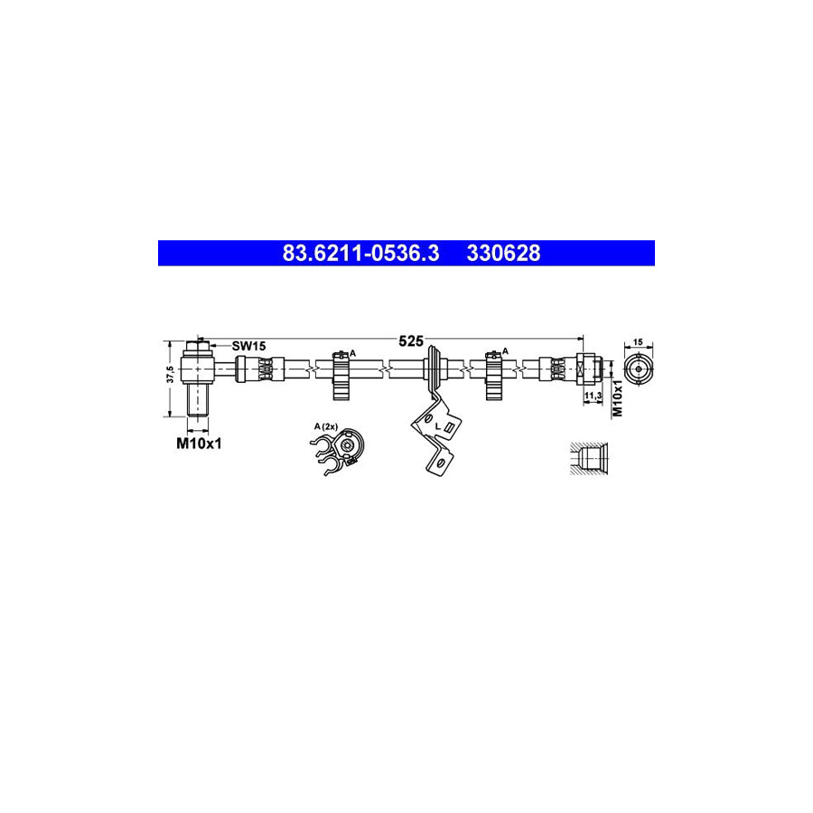 ATE 83 6211 0536 3 Brake Hose suitable for MERCEDES BENZ ML Class W163 525Mm M10X1