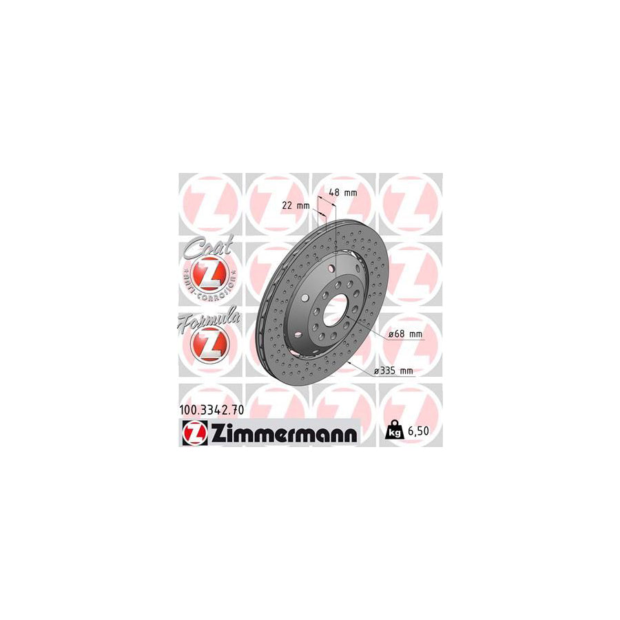 ZIMmERMANN FORMULA Z COAT Z 100 3342 70 Brake Disc for AUDI A6 Perforated Two piece brake disc Vented Coated Alloyed High carbon