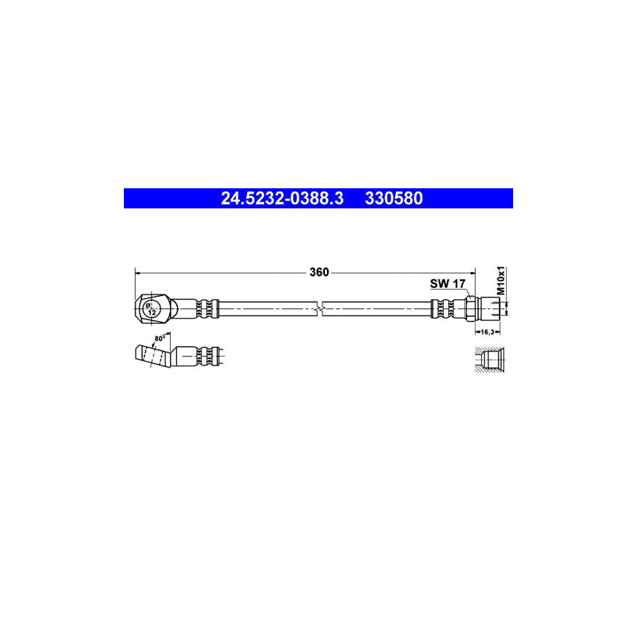 ATE 24 5232 0388 3 Brake Hose suitable for MERCEDES BENZ 100 360Mm M10X1