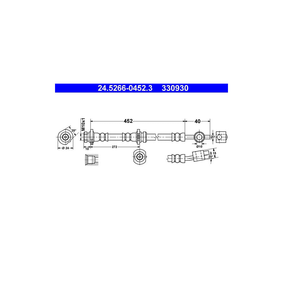 ATE 24 5266 0452 3 Brake Hose for NISSAN ALMERA 452Mm M10X1