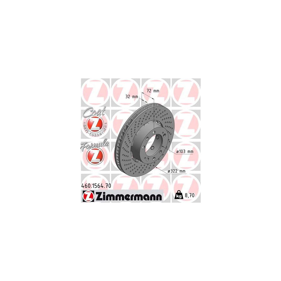 ZIMmERMANN FORMULA Z COAT Z 460 1564 70 Brake Disc for PORSCHE 911 Coupe 993 Perforated Two piece brake disc Vented Coated Alloyed High carbon