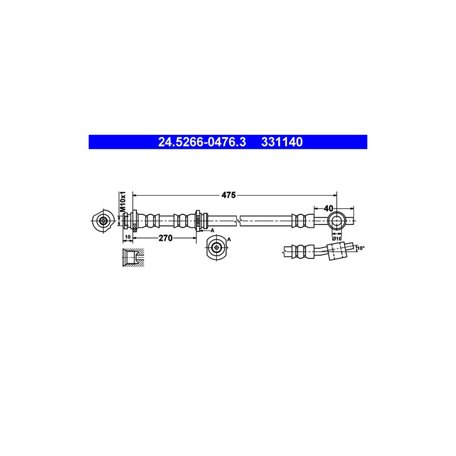ATE 24 5266 0476 3 Brake Hose for NISSAN ALMERA 475Mm M10X1