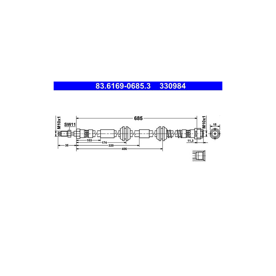 ATE 83 6169 0685 3 Brake Hose for VW Touareg I 7LA 7L6 7L7 685Mm M10X1