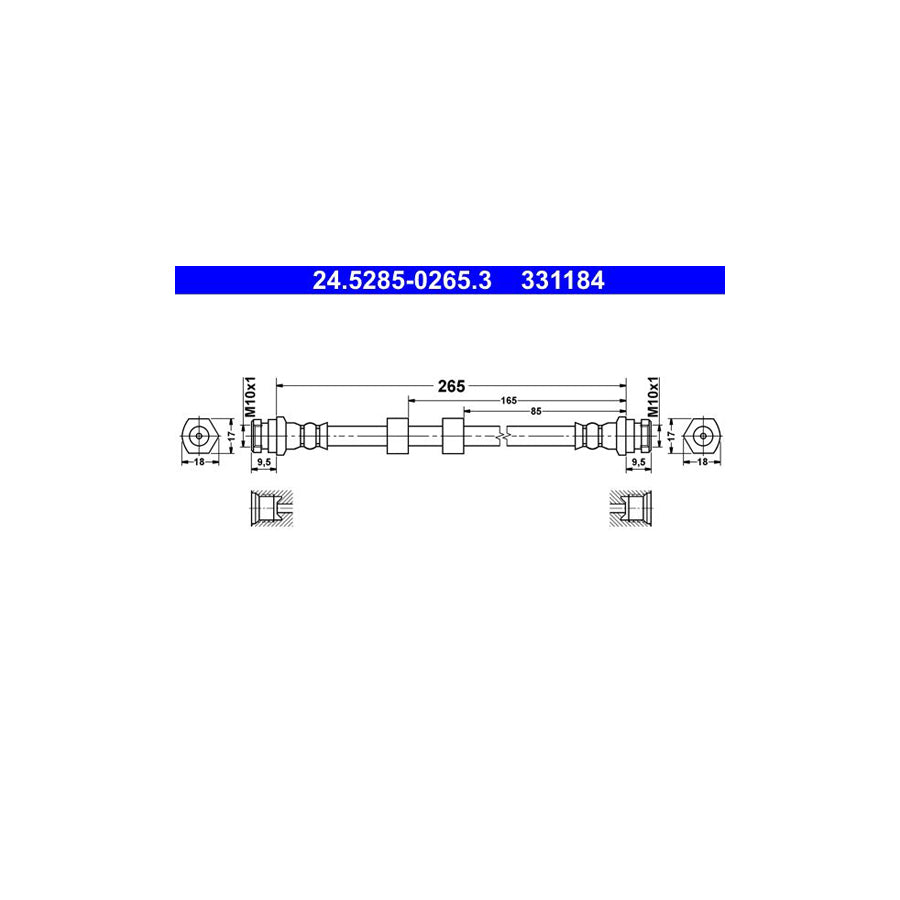 ATE 24 5285 0265 3 Brake Hose for MAZDA 2 Hatchback DE DH 265Mm M10X1