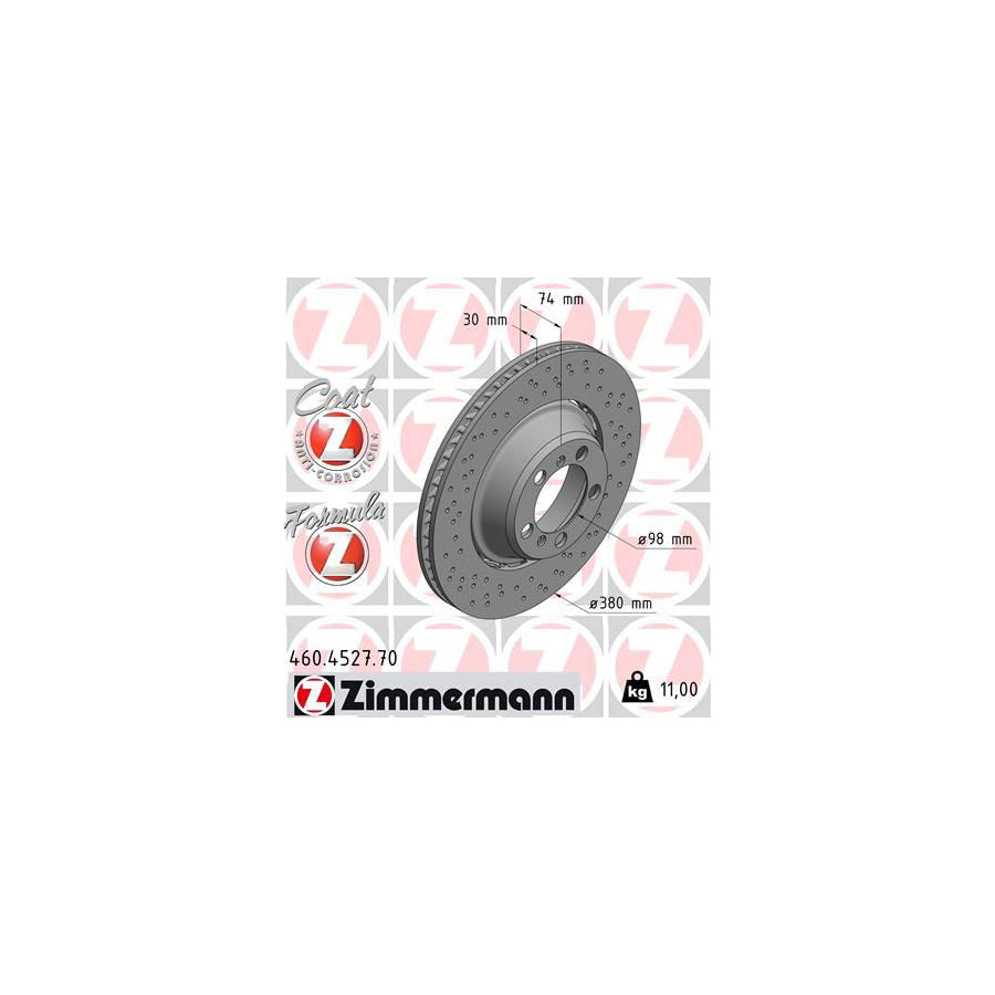 ZIMmERMANN 460 4527 70 Brake Disc for PORSCHE 911 Coupe 991 Perforated Two piece brake disc Vented Coated Alloyed High carbon