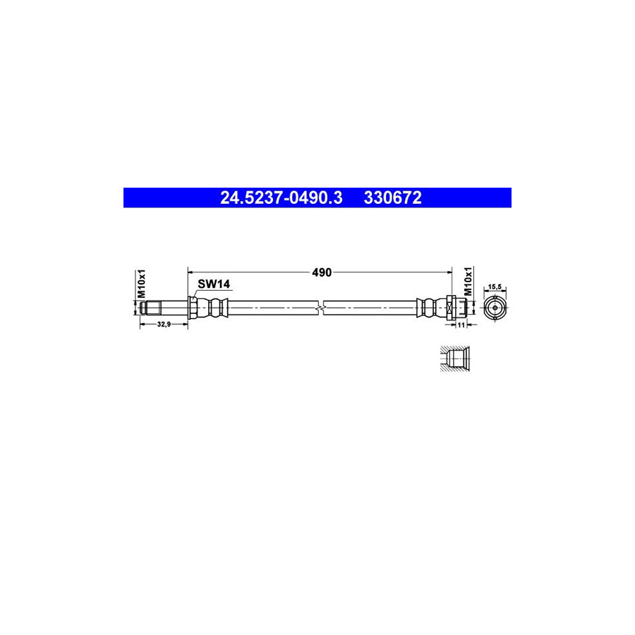 ATE 24 5237 0490 3 Brake Hose suitable for MERCEDES BENZ SPRINTER 490Mm M10X1