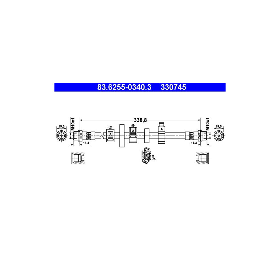 ATE 83 6255 0340 3 Brake Hose for VW TRANSPORTER 340Mm