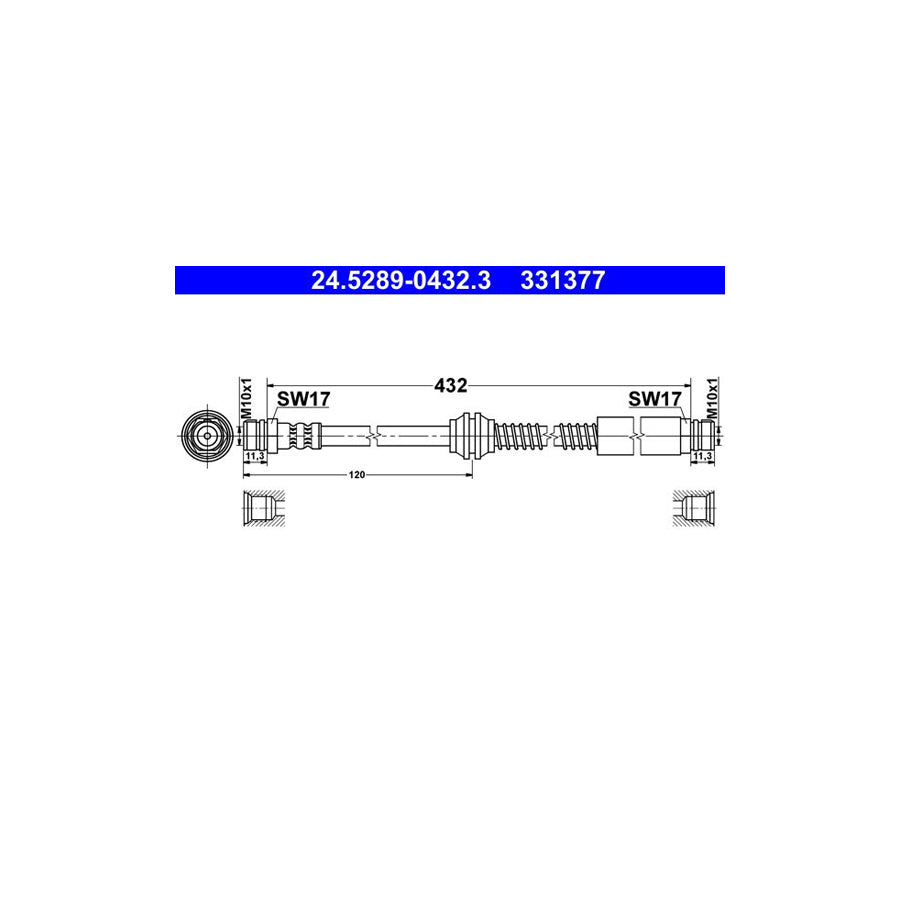 ATE 24 5289 0432 3 Brake Hose for VW CADDY 432Mm M10X1