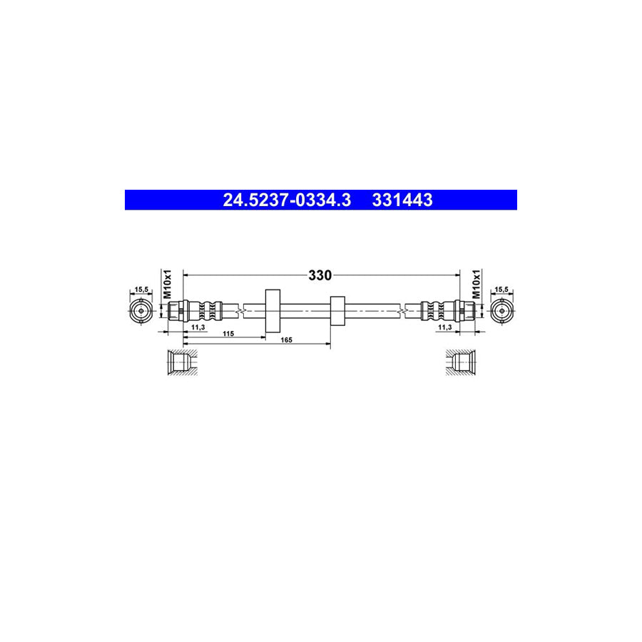 ATE 24 5237 0334 3 Brake Hose for VW TRANSPORTER 330Mm