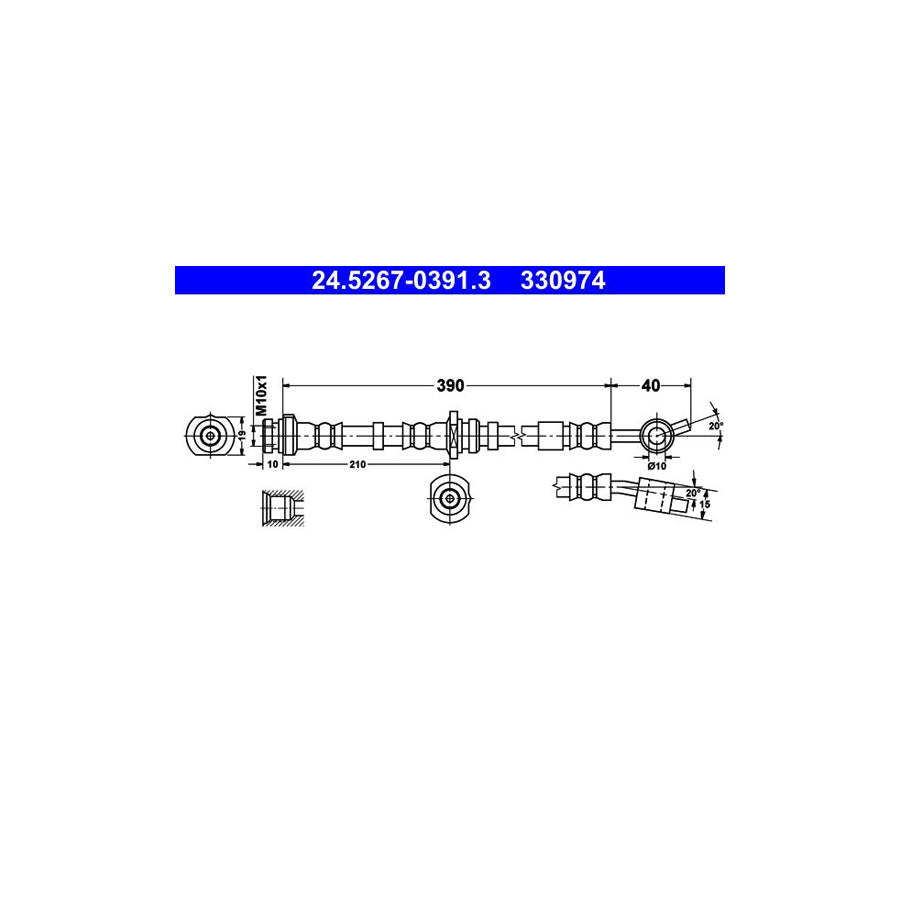 ATE 24 5267 0391 3 Brake Hose for NISSAN PRIMERA 390Mm M10X1