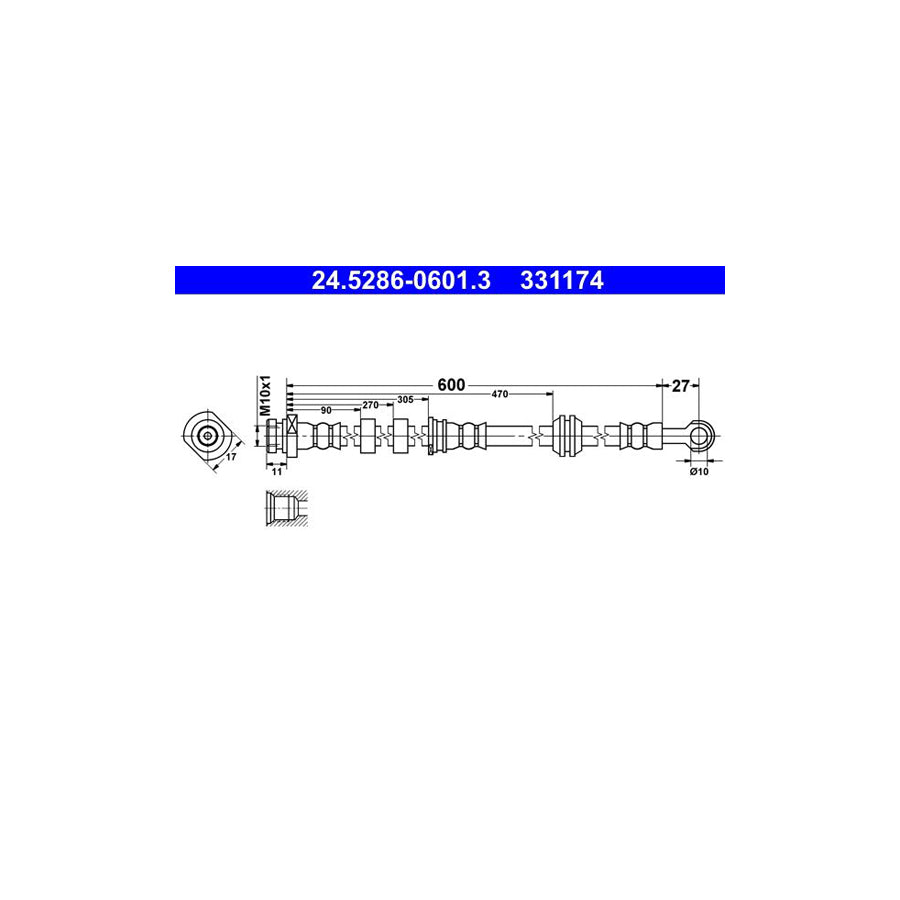 ATE 24 5286 0601 3 Brake Hose 600Mm M10X1