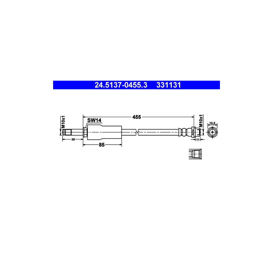 ATE 24 5137 0455 3 Brake Hose suitable for MERCEDES BENZ SPRINTER 455Mm M10X1