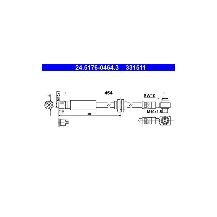 ATE 24 5176 0464 3 Brake Hose 464Mm M10X1