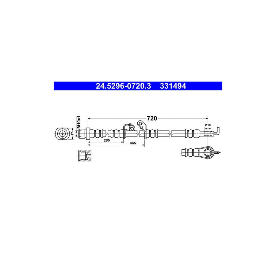 ATE 24 5296 0720 3 Brake Hose for TOYOTA Prius III Hatchback XW30 720Mm M10X1