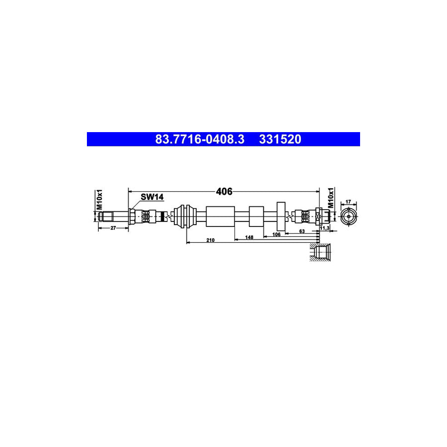 ATE 83 7716 0408 3 Brake Hose for VOLVO V40 Estate 406Mm M10X1