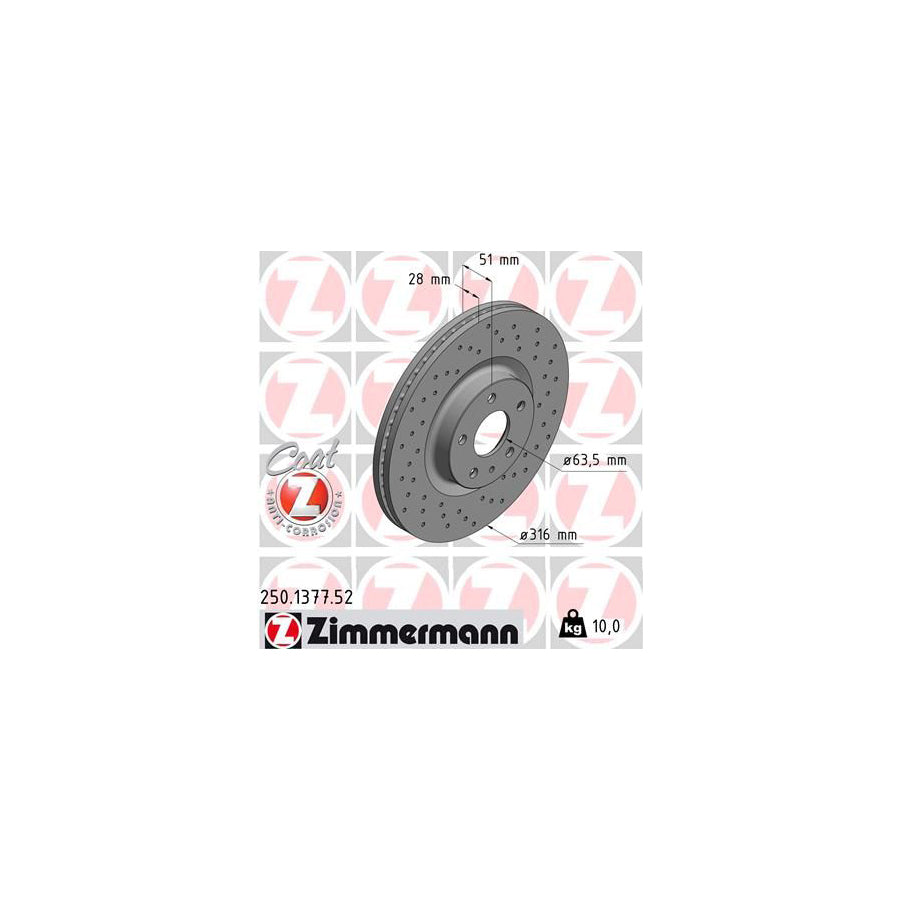 ZIMmERMANN SPORT COAT Z 250 1377 52 Brake Disc for FORD Mondeo Mk5 Estate CF Internally Vented Perforated Coated