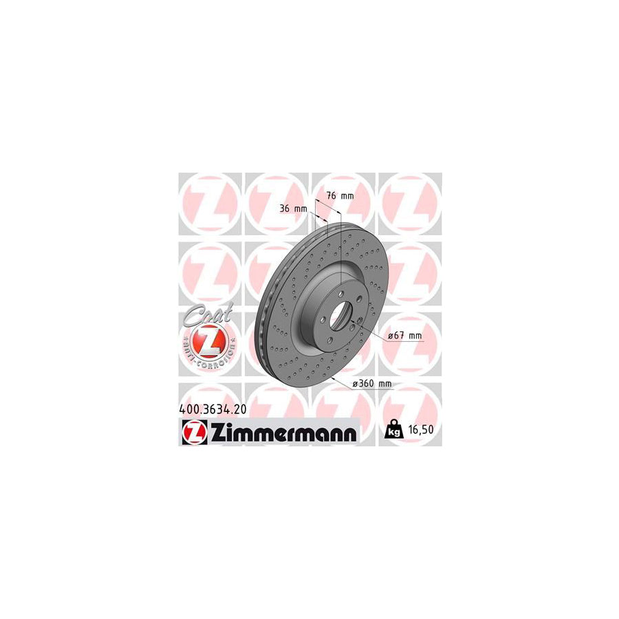 ZIMmERMANN COAT Z 400 3634 20 Brake Disc suitable for MERCEDES BENZ S Class Internally Vented Perforated Coated High carbon