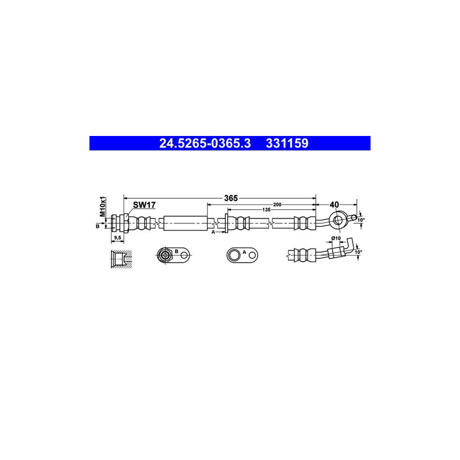 ATE 24 5265 0365 3 Brake Hose for MAZDA 2 Hatchback DE DH 365Mm M10X1