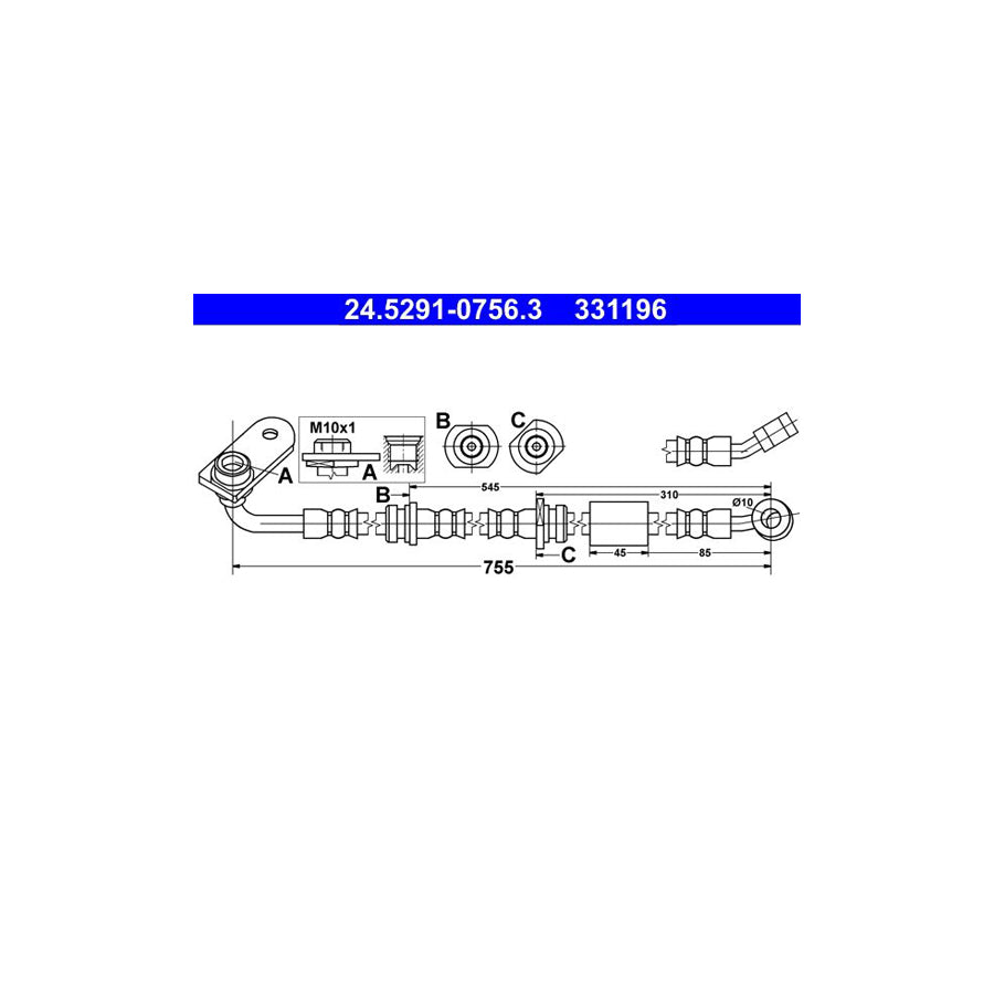 ATE 24 5291 0756 3 Brake Hose for SUZUKI GRAND VITARA 755Mm M10X1