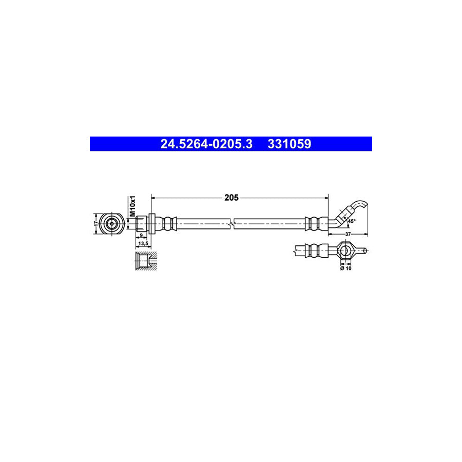 ATE 24 5264 0205 3 Brake Hose for TOYOTA Prius II Liftback XW20 205Mm M10X1