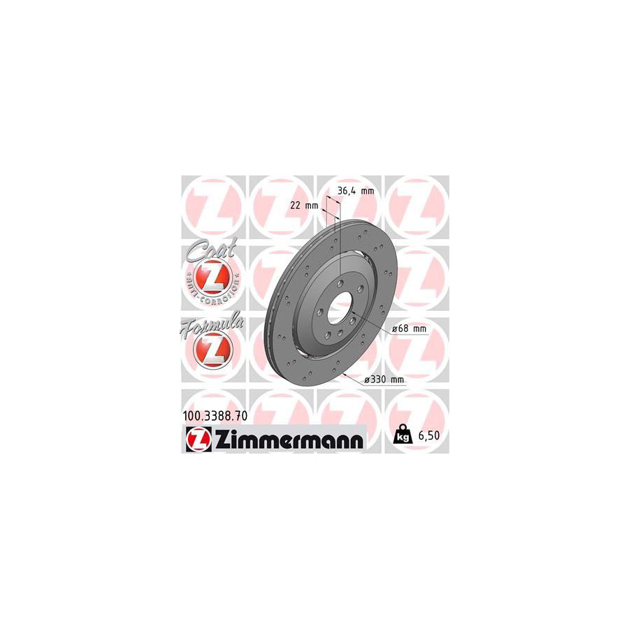 ZIMmERMANN 100 3388 70 Brake Disc for AUDI A4 B8 Avant 8K5 Perforated Two piece brake disc Vented Coated Alloyed High carbon