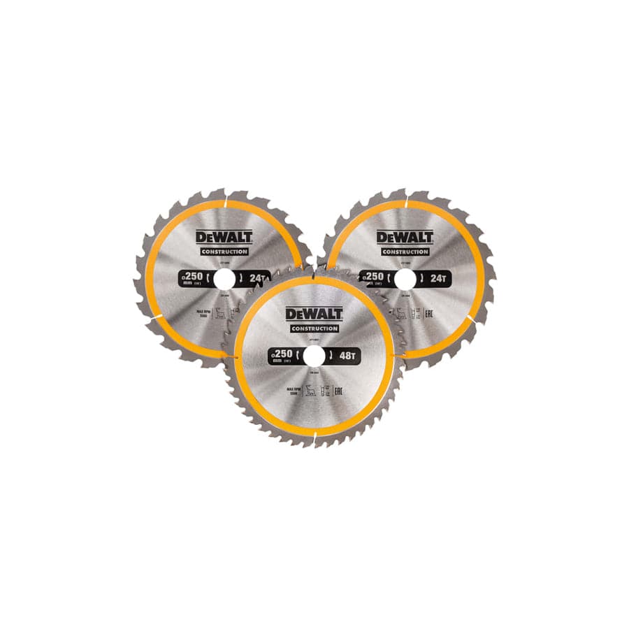 DEWALT DEWDT1963QZ DT1963 Construction Circular Saw Blade 3 Pack 250 x 30mm x 24T/48T | Duco Car Parts UK