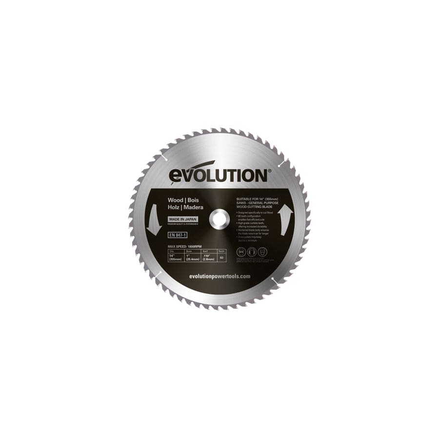 Evolution EVLGW355TC60 Wood Cutting Circular Saw Blade 355 x 2.8 x 25.4mm x 60T | Duco Car Parts UK