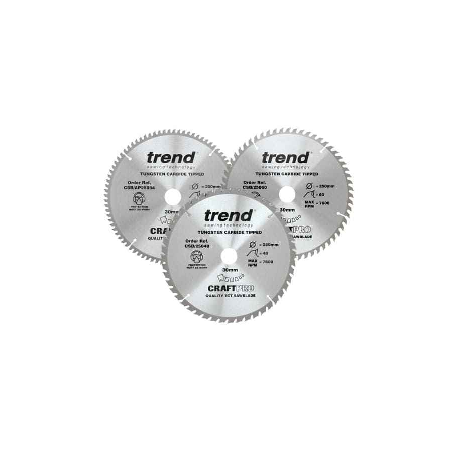 Trend TRECSB250P3 CraftPro Table Saw Blade 250 x 30mm x 48T/60T/84T (Pack 3) | Duco Car Parts UK