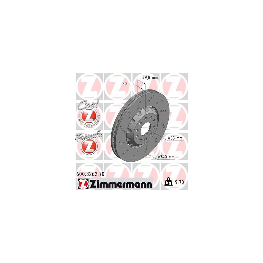 ZIMmERMANN 600 3262 70 Brake Disc Internally Vented Perforated Two piece brake disc Coated Alloyed High carbon