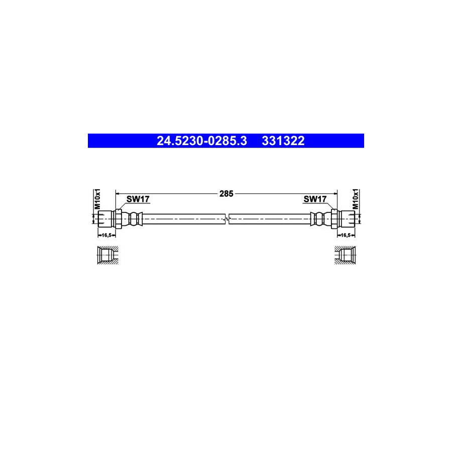 ATE 24 5230 0285 3 Brake Hose for VW KAEFER 285Mm