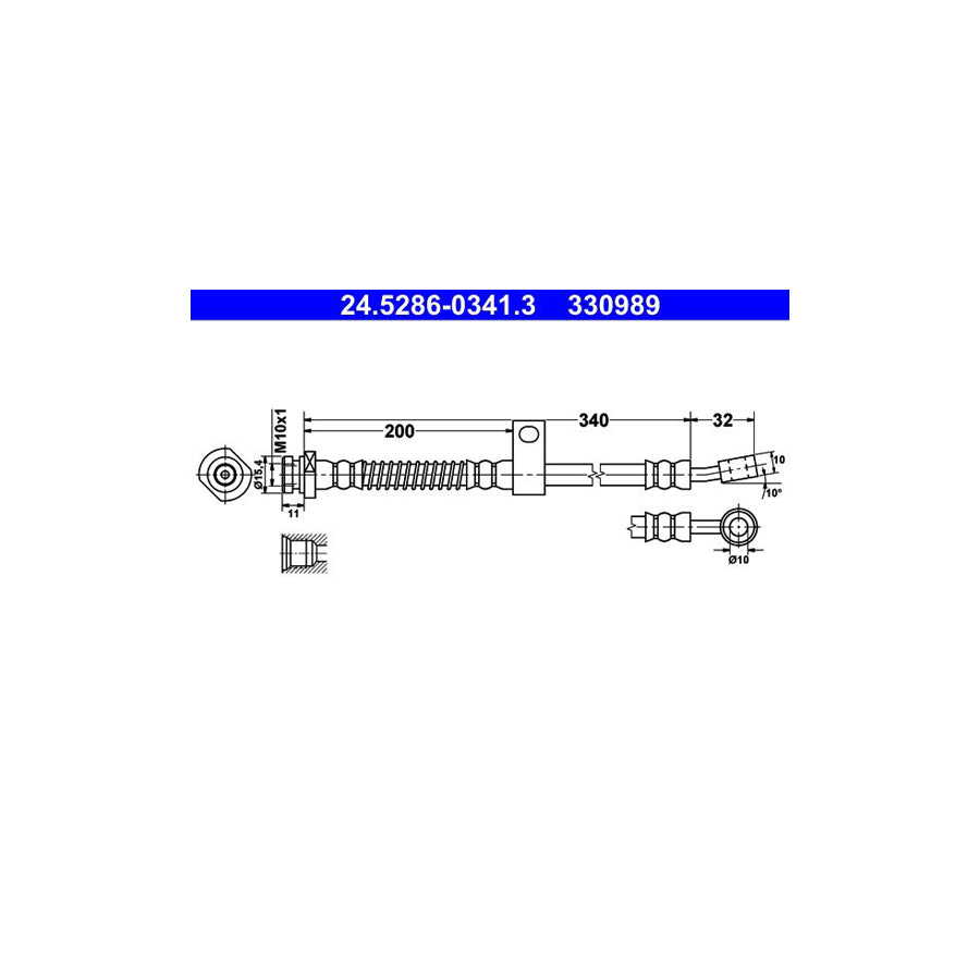 ATE 24 5286 0341 3 Brake Hose for HYUNDAI Amica Atoz MX 340Mm M10X1
